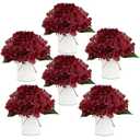 DIYDOFUN Flower Table Centerpieces - Set of 6 Floral Arrangement Artificial Wedding Hydrangeas Floral Arrangement with Rustic Metal Vase for Bridal Tea Party Event Decorations - Deep Red
