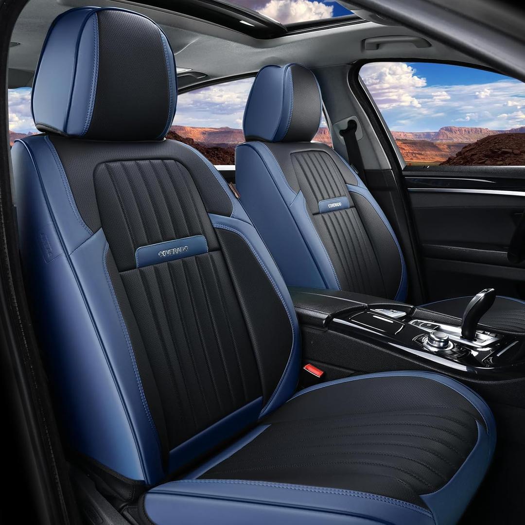Coverado Car Seat Covers Front, Seat Covers for Cars, Waterproof 2-Pack Car Seat Cushions, Leather Carseat Seat Protectors, Universal Seat Covers Fit for Most Sedans SUV Pick-up Trucks(Blue&Black)