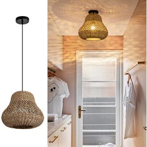 Rattan Pendant Light, Rustic Hand-Woven Wicker Hanging Light Water Plants Rattan Chandelier for Dining Living Bedroom Kitchen Farmhouse 18.3" (Brown)