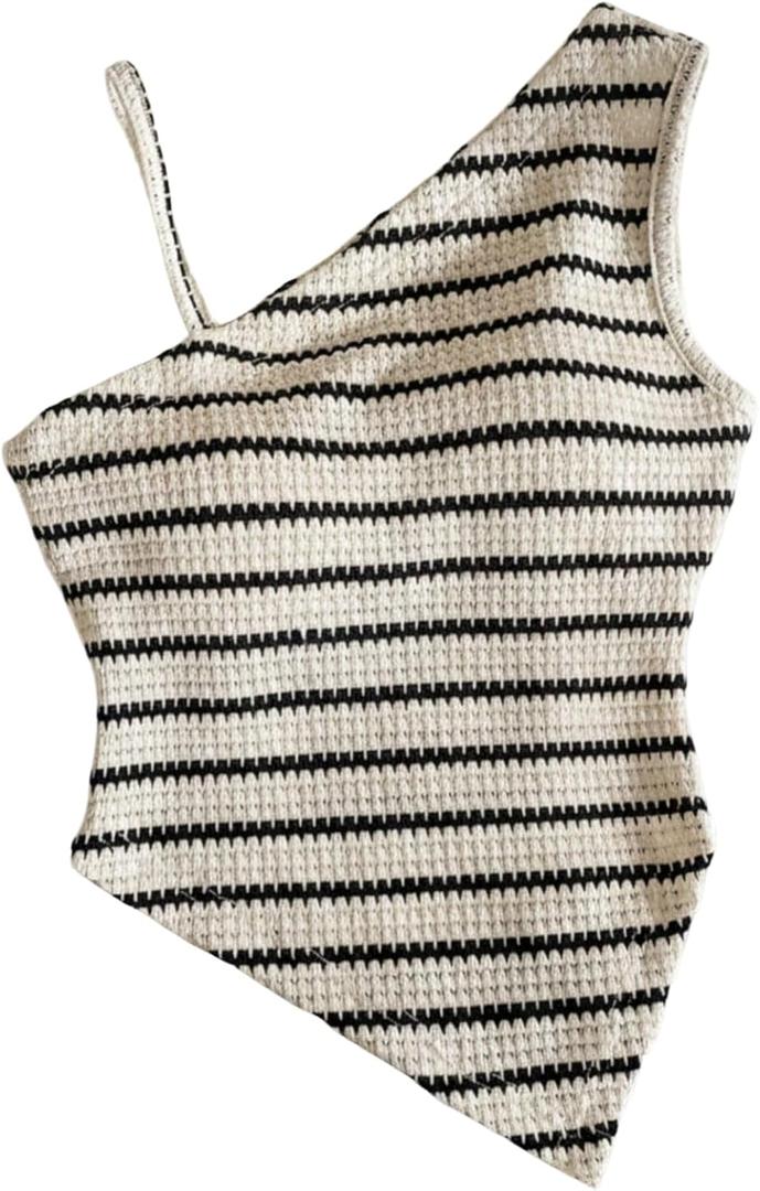 Verdusa Girl's Striped Off Shoulder High Low Knitted Tank Tops Textured Asymmetrical Sleeveless Tops (White)