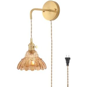 Vintage Wall Sconce with Amber Lily of The Valley Glass Shade Hanging Wall Sconce with 4.9FT Plug in Cord, Modern Wall Lamp Fixtures Decor for Bedside Bedroom Indoor Doorway