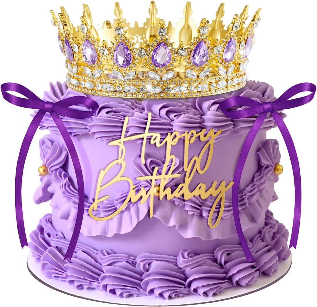 Landical 8 Pcs Gold and Purple Princess Crown Cake Topper Corona Para Pastel Queen Purple Cake Decorations Happy Birthday Topper Bow Tie for Birthday Party Wedding Supplies