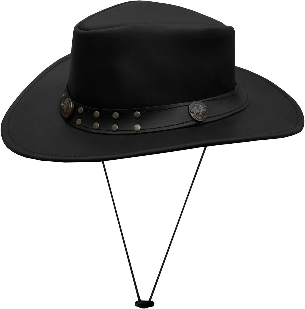 Brown Leather Cowboy Western Hat for Men and Woman Felt Studded Steampunk Hat Deadman Top Hat for Halloween (XX-Large, Black)