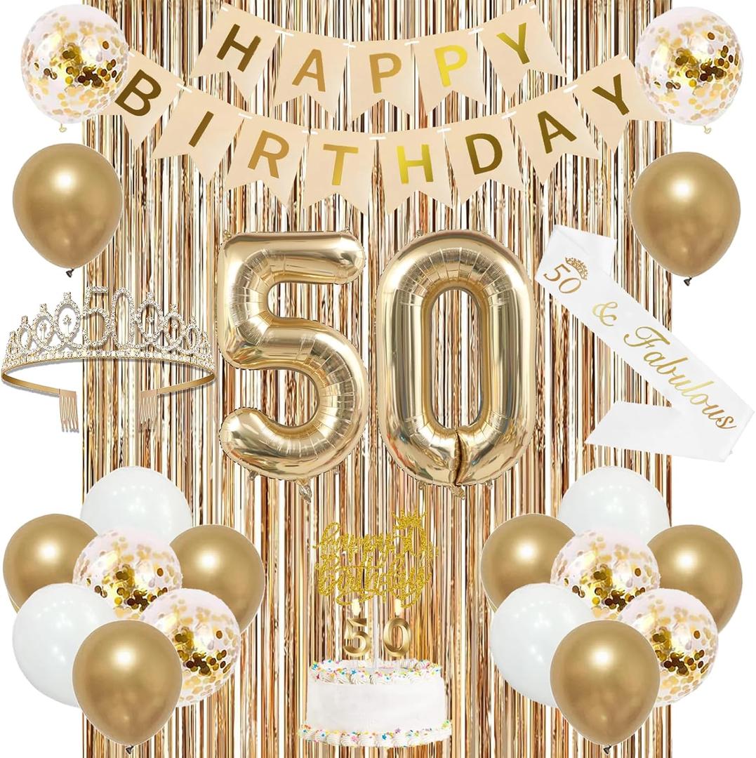 Trgowaul 50th Birthday Decorations for Women, Banner, Sash and Crown, Cake Topper, 50 Number Balloon, Fringe Curtains, Champagne Gold 50th Birthday Party Supplies
