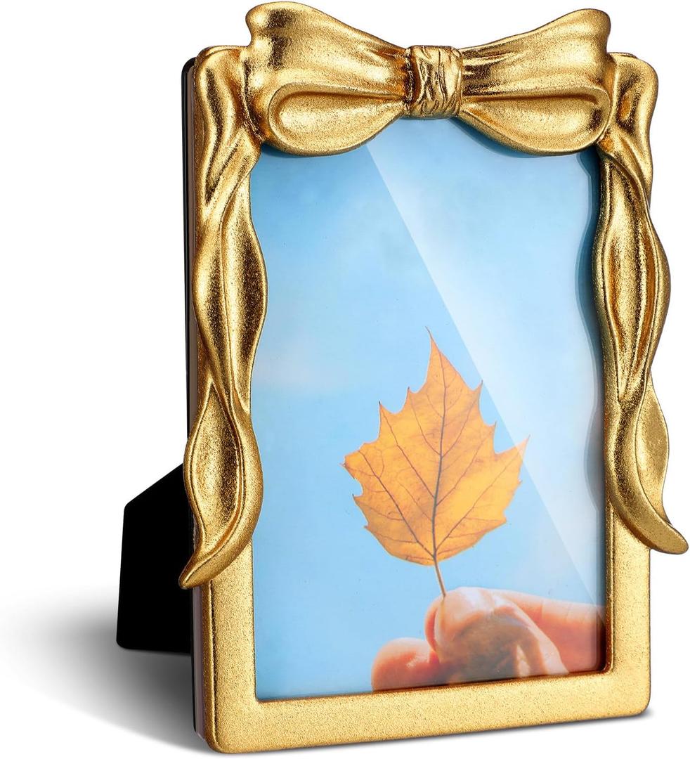 Geelin Bow Picture Frame Vintage Antique Baroque Style Resin Rectangle Oval Retro Photo Frame with Glass Front Bowknot for Home Wedding Tabletop and Wall Hanging Decor(Classic,Gold,5" X 7")