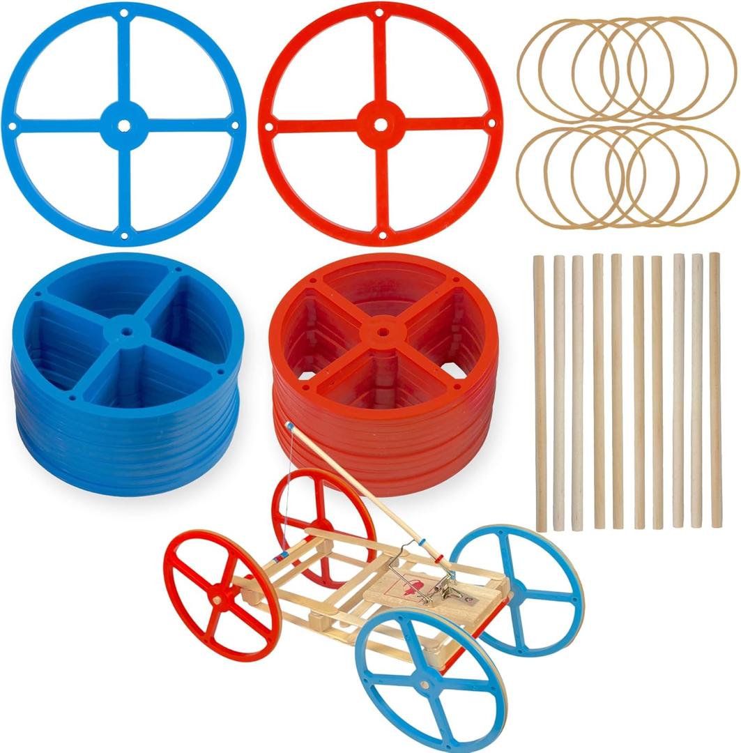Large Plastic Toy Project Wheels and Axles, for Mousetrap Car and Rubber Band Car Projects, 20 Wheels, 20 Rubber Bands, 10 Dowels (50pcs)