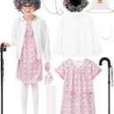 8 Pieces Old Lady Costume for Girls, 100 Days of School Costume for Kids Grandma Wig Granny Dress Cosplay Outifits (11-13 Years, White Cardigan and Pink-white Nightgown)