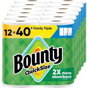 Bounty Quick-Size Paper Towels, White, 12 Family Triple Rolls = 40 Regular Rolls (141 sheet (Pack of 12))
