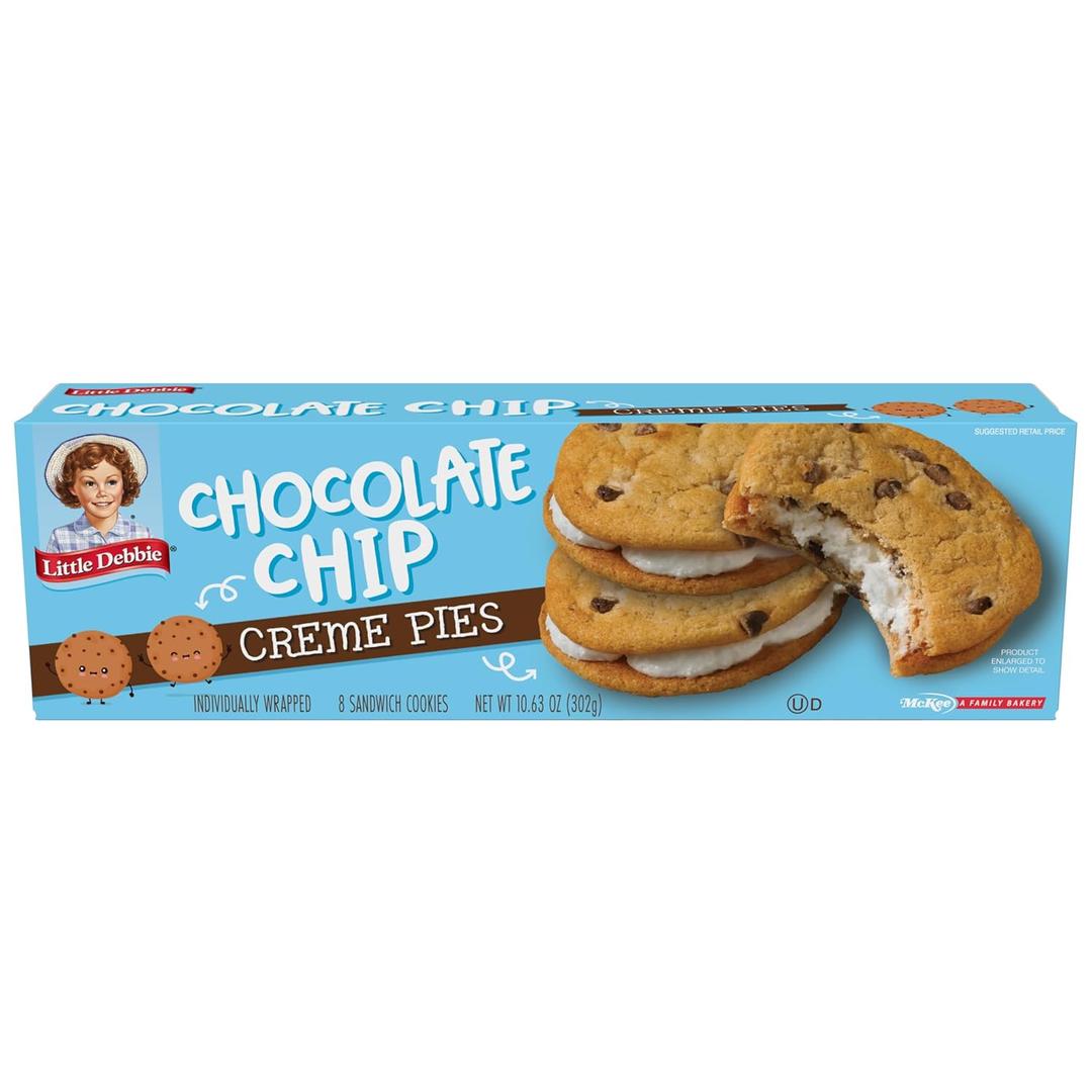 Little Debbie Chocolate Chip Creme Pies, 8 Individually Wrapped Sandwich Cookies, 10.63 OZ Box (EXP 07/19/26)