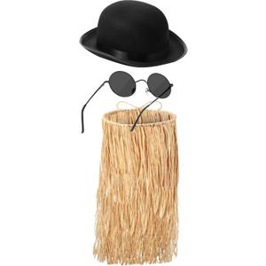 Geyoga Black Derby Hat Polarized Round Sunglasses Raffia Costume Hat Circle Sunglass Hawaiian Grass Mini Skirt Luau Skirt (29.9 Inch)