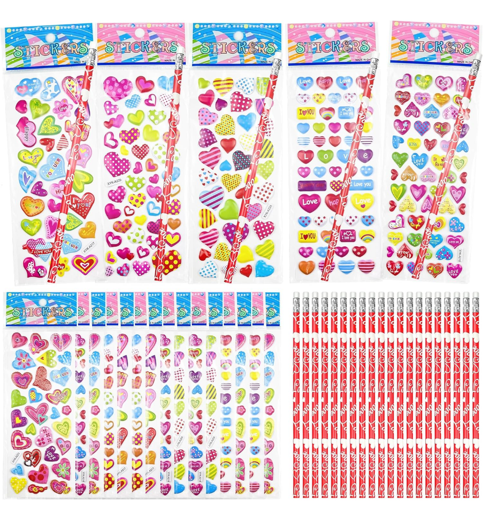 OHOME Valentines Day Gifts for Kids - 44 PCS Stationery Set for School Classroom Exchange - Valentines Day Party Favors for Toddler | Valentines Crafts Treats Games,Includes Pencils,Heart Stickers 2 Pack