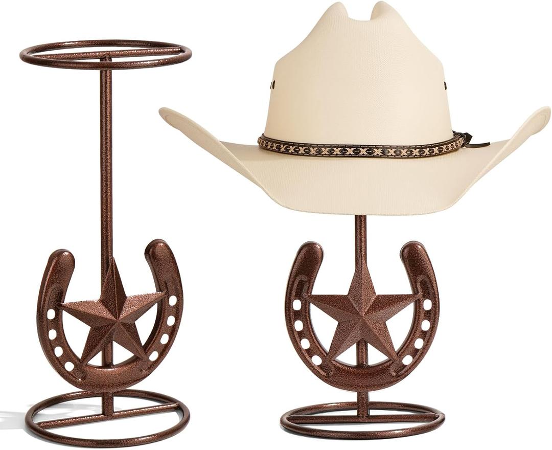 Cowboy Hat Stand, Hat Display, Western Horseshoe Decor, Cowboy Hat Holder, Hat Stands for Display Tabletop, Cowboys Gifts for Men, Desk Hat Rack for Fedora, Sun Hats,Straw Hats, Iron, Bronze, 2 Packs