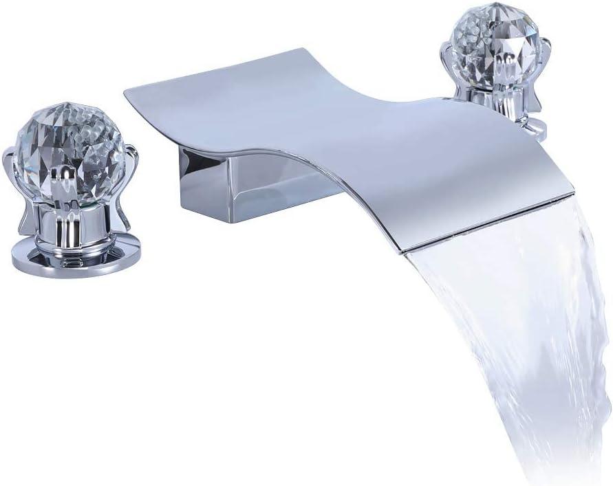 DEOLER Widespread Bathroom Sink Faucet with Crystal Knob 3 Hole Waterfall Vanity Faucet 8 Inch Crystal Bathroom Faucets Deck Mount Basin Mixer Tap with Hose, Chrome