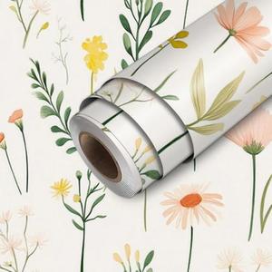 HOMETITUTE Wallpaper Peel and Stick Hand Drawn Yellow Pink Green Wildflower Pattern Contact Paper Wall Paper Stick 17.7" x 118.1" Self Adhesive Removable Vinyl Wall Covering Bathroom Home Decor