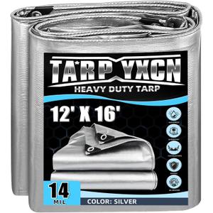 Heavy Duty Tarp 12x16 Feet, 14 Mil Waterproof Poly Tarps Cover UV Resistant, Rip & Tear Proof with Metal Grommets Every 20 Inches Silver Tarp