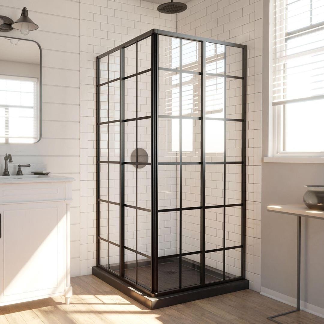 DreamLine French Corner 34 1/2 in. D x 34 1/2 in. W x 72 in. H Framed Sliding Shower Enclosure in Satin Black, SHEN-8134340-89