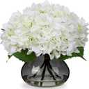 Hollyone Hydrangea Artificial Flowers with Glass Vase White Silk Faux Flowers Arrangements with Faux Water Fake Floral Bulk Bouquet for Home Decor Table Centerpiece Decorations