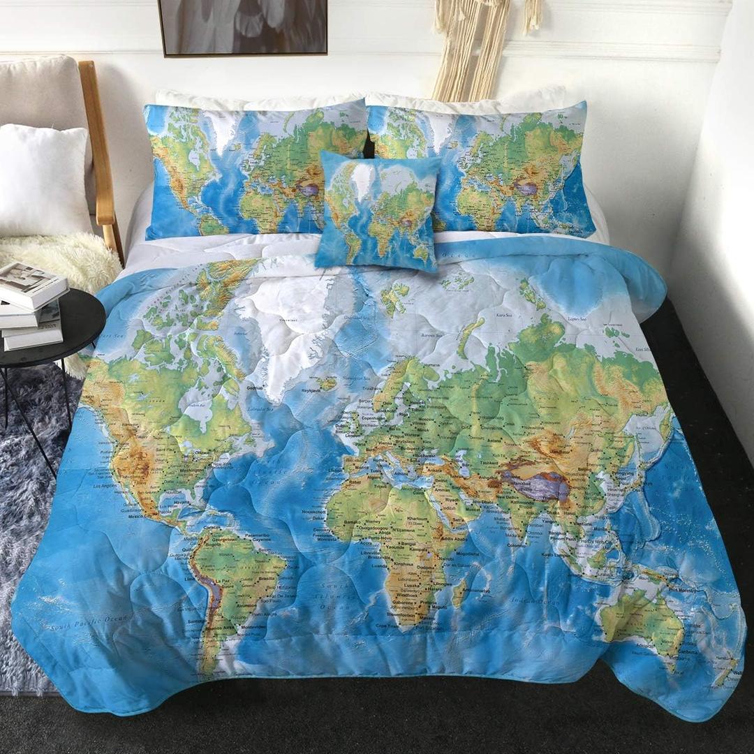Sleepwish World Map Comforter Twin Size Bedding Set 4 Pieces Blue Map Bed Set for Kids Boys Girls Ultra Soft 1 Comforter 2 Pillow Cases 1 Cushion Cover