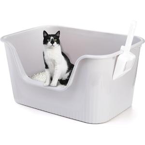 Extra Large Litter Box with Scoop, High Sides Cat Litter Boxs, Anti-Splashing Kitty Litter Box, Sturdy Plastic Open Air Litter Boxs, Free Assembly, 26"x18"x13"(Grey)