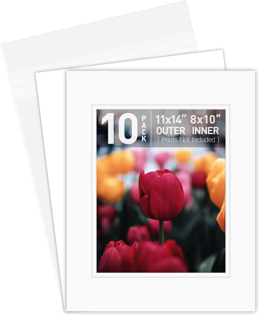 Golden State Art, Double Picture Mats with White Core Bevel Cut for 8X10 Photo Pictures (Mats, Backing, Clear Bags Included), Off-White Over Off-White, 11x14-10 Pack (Double Mat)