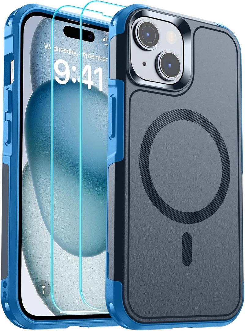SUPFINE Magnetic for iPhone 15 Case, [Compatible with MagSafe] [15FT Military Grade Drop Protection] [2pcs Tempered Glass Screen+Camera Lens Protector] Heavy Duty Shockproof Phone Case, Deep Blue