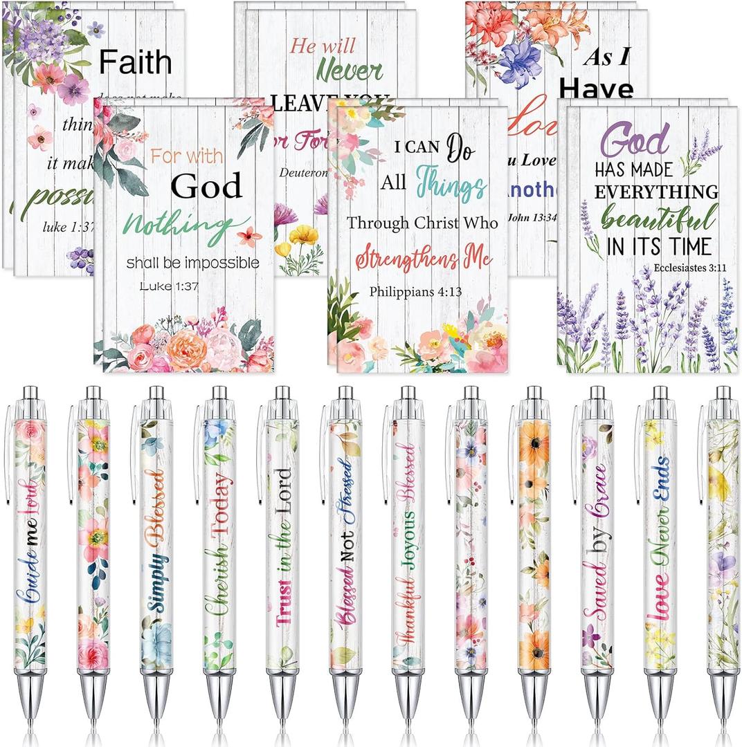 Colarr 24 Sets Christian Bulk Gifts for Women Christmas Bible Verse Pens Notebooks Religious VBS Scripture Ballpoint Pens Bookmarks Journal Sunday School Church Inspirational Supplies(Floral)