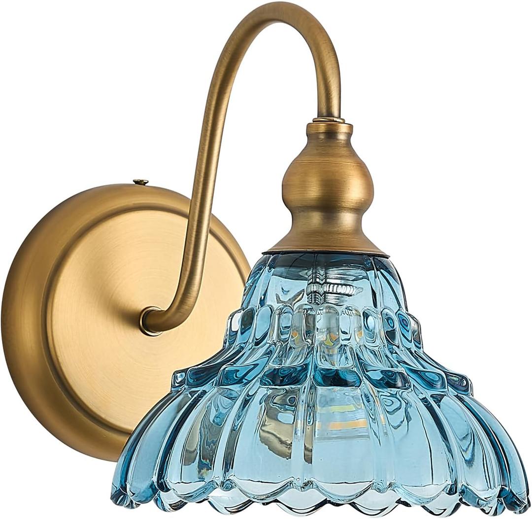 Vintage Blue Glass Lampshade Bedroom Wall Sconces 1-Light Hardwired Wall Mount Bathroom Wall Sconce Light Fixtures for Hallway Kitchen Dress Room