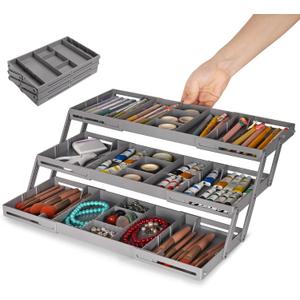 3 Tier Drawer Organizer - Expandable Junk Drawer Organizers Smart Office Supply Organizer, Folding Drawer Storage Multi-level Desk Organizer for Makeup,Jewelry,Cosmetics,Kitchen Storage (1 Row 3 Tier) (Grey)