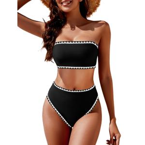 YACUN Women's High Waisted Bikini Swimsuit Two Piece Strapless Bandeau Cheeky Bathing Suits Black Shell L