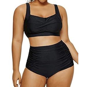 Daci Women Black High Waisted Twist Front Plus Size Bikini Vintage RetroTwo Piece Swimsuits Bathing Suits Ruched Swimwear 24 Plus