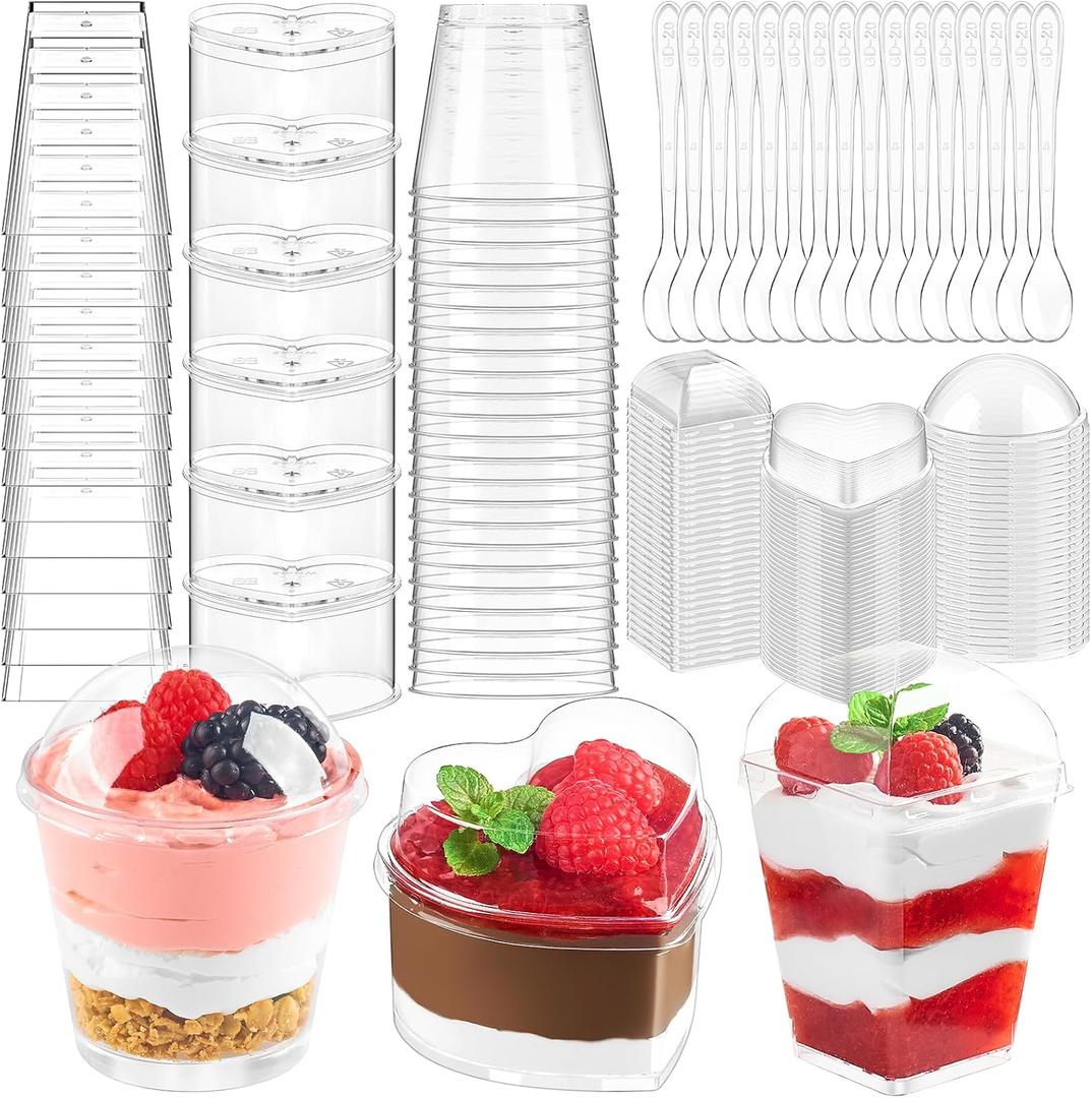 410 Pcs 5/6 Oz Mini Dessert Cups with Lids and Spoons, Round, Square and Heart Plastic Parfait Cups Clear Dessert Shooters for Party Serving Appetizer, Fruits, Puddings, Ice Creams, 5oz and 6oz