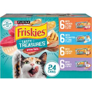 Purina Friskies Wet Cat Food Variety Pack, Tasty Treasures Prime Filets (With Chicken and Tuna, With Chicken, and With Ocean Fish and Tuna, and With Turkey) - (Pack of 24) 5.5 oz. Cans (EXP 01/01/27)