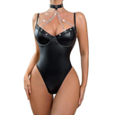 Women's Sexy Strappy Faux Leather Bodysuit Babydoll One Piece Teddy Lingerie V Neck Outfit Choker with Chain Detail, Large