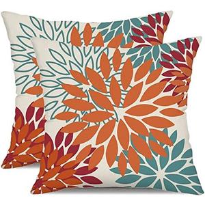 DFXSZ Orange Teal Red Flower Pillow Covers 18x18 Inch Set of 2 Fall Throw Pillows Outdoor Waterproof Decor for Living Room Sofa Patio Funiture Garden Floral Polyester Pillow Covers 002Y18