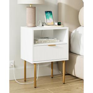 Nightstand with Charging Station,Morden Bedside Table with Gold Frame,Small White Night Stand,End Table,Bedside Furniture,Side Table with Drawer and Shelf for Bedroom,Living Room