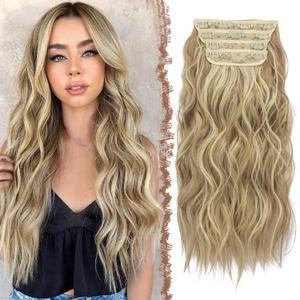 FESHFEN Clip in Hair Extensions - 4 PCS Long Wavy Thick Highlighted Clip in Hairpieces Synthetic Hair Extension for Women, Dirty Blonde 20 Inch