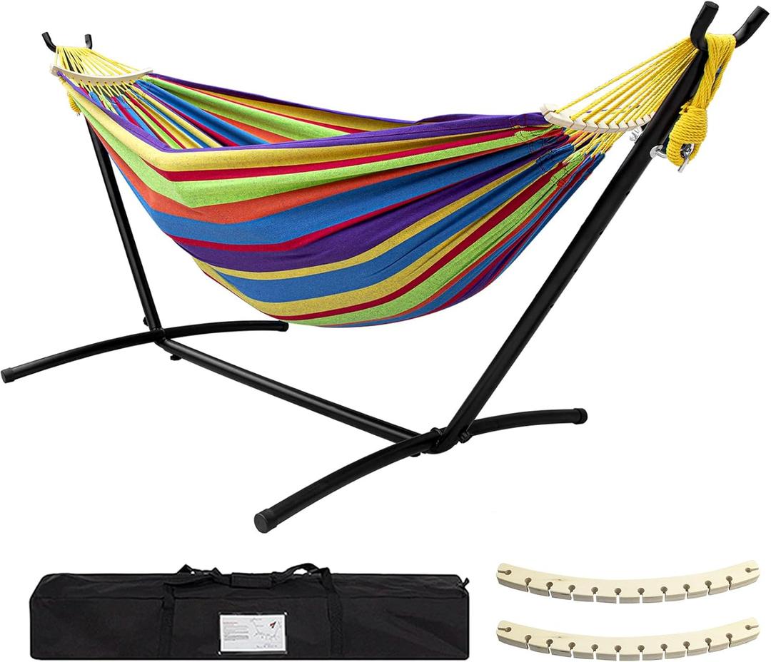 SZHLUX Double Hammock with Stand Included 450lb Capacity Steel Stand, Premium Carry Bag Included and Two Anti Roll Balance Beam (Tropical)