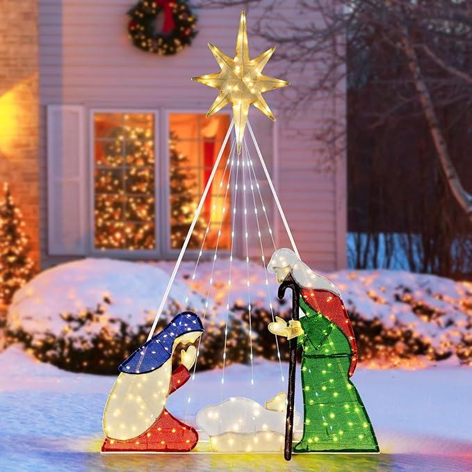 Tangkula 6 FT Christmas Lighted Nativity Scene Set, Pre-Lit Xmas Scene with 240 LED Lights, Ground Stakes, Zip Ties & 6 Lightening Modes, Xmas Holy Family Set for Yard Lawn Garden