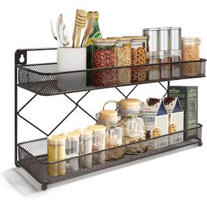 2 Tier Metal Kitchen Counter-top or Wall Mount Spice Rack, Jars Storage Organizer, Cabinet Holder, spice seasoning organizer for Partry (Bronze)