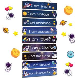 Chunful Set of 9 Boys Room Bedroom Decor Boys Inspirational Wall Decor Wood Hanging Plaque Motivational Kids Bedroom Wall Sign for Kids Teenage Toddler(Space)