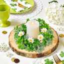 8 Pcs St. Patrick's Day Candle Rings, 14 Inch Shamrock Wreaths for Table Centerpieces Irish Clover Wreath for Front Door Porch Window Wall Decor, Spring Green Artificial Foliage Berry Wreath