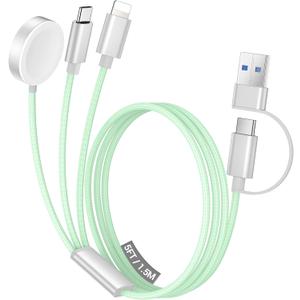 Temdan for Apple Watch Charger,3 in 2 USB C Cable for iPhone 16 Charger/Type C/Lightning,Multi Charging Cable Cord,Portable Travel Essentials Designed for iWatch Ultra/SE/10-1&iPhone 16-12-5FT Green