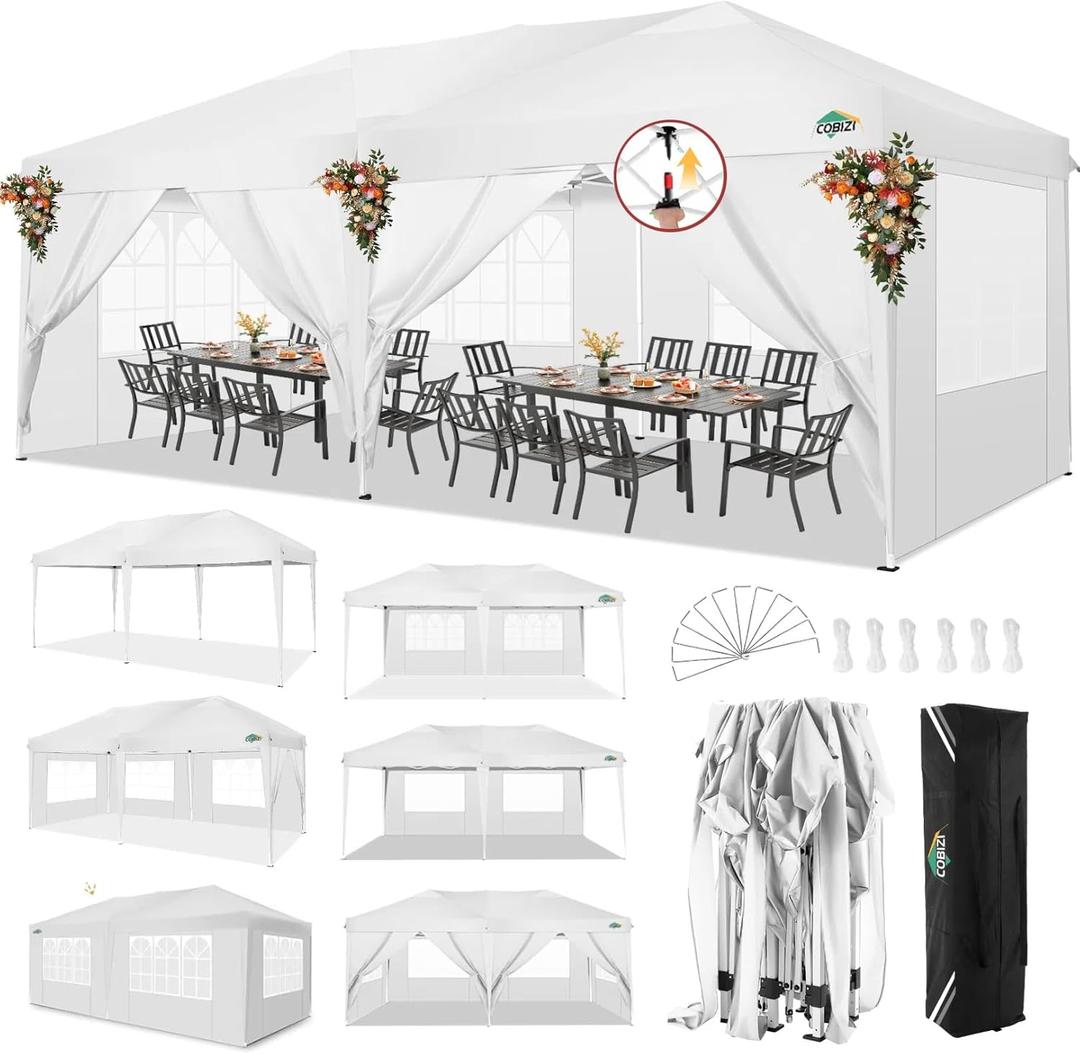 COBIZI Canopy 10x20 Pop Up Canopy with 6 Sidewalls,Waterproof Canopy Outdoor Event Shelter UPF 50+ Gazebo Portable Tents for Parties Beach Camping Wedding Commercial Instant Easy up Canopy 10x20,White