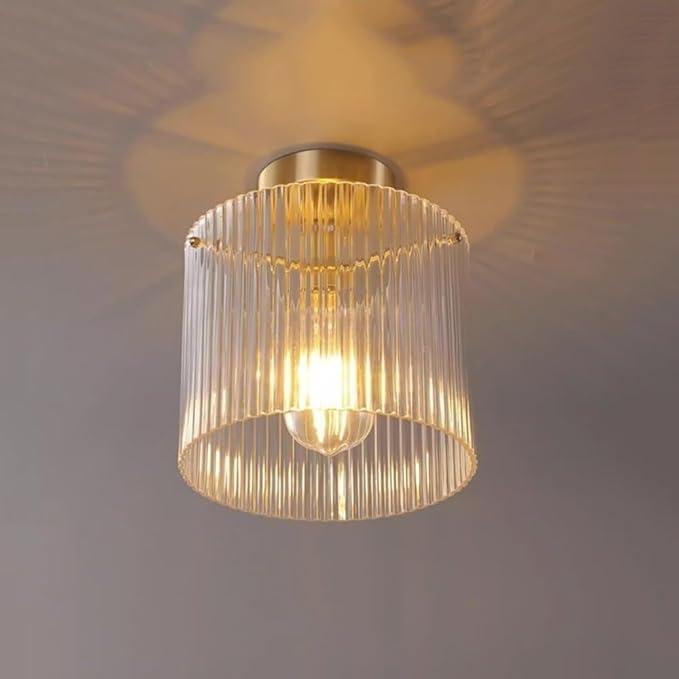 7.8" Antique Brass Flush Mount Ceiling Light, Ribbed Glass Lamp for Hallway, Entryway, Porch