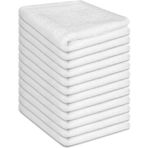 INFICRIME 12 Pack 100% Cotton Wash Cloth, 12x12 Inch Highly Absorbent and Soft Feel Fingertip Towels, Machine Washable Washcloths for Bathroom, Gym, Hotel, Spa and Kitchen, White