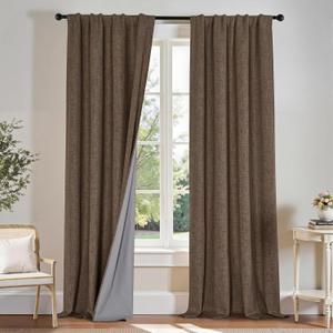 PONY DANCE Linen 100% Blackout Curtains 90 inches Long for Bedroom Living Room Darkening Full Black Out Rod Pocket Back Tab Textured Thermal Insulated Window Curtain Drapes,2 Panels Set,Brown