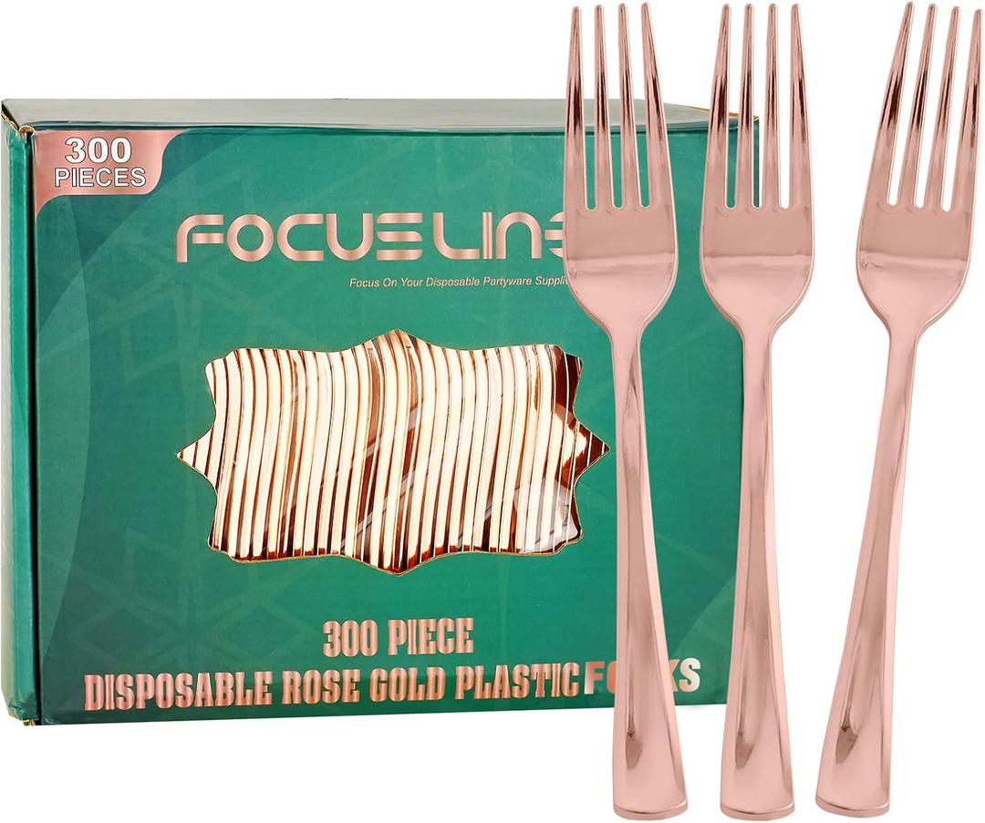 FOCUSLINE 300 Pack Disposable Rose Gold Plastic Forks, Solid and Durable Plastic Cutlery Forks, Heavy Duty Disposable Utensil Silverware for Catering, Parties, Dinners, Weddings