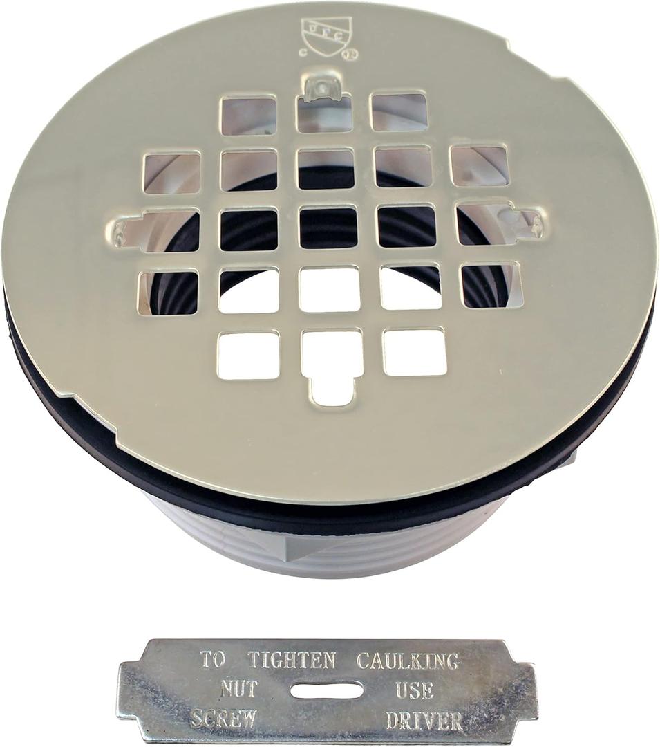 Westbrass D206P-05 2" No-Caulk PVC Compression Shower Drain with 4-1/4" Round Grid Cover, Polished Nickel