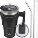 30 oz Tumbler with Handle and 2 Straw 2 Lid, Insulated Water Bottle Stainless Steel Vacuum Cup Reusable Travel Mug, Black