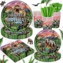 120PCS Dinosaur Party Birthday Supplies Paper Plates Napkins Green Dinosaur Theme Tableware Set for 20 Guests Birthday Party
